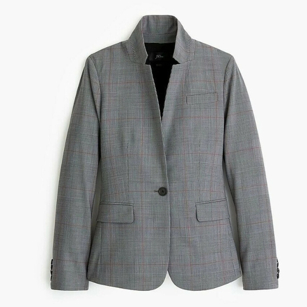 J. Crew Regent Glen Plaid Collared Blazer Jacket Grey Black Red 0